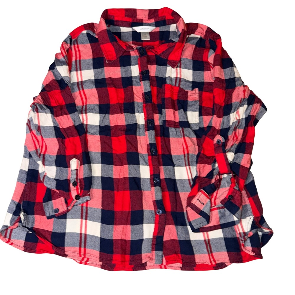 Cj Banks Womens Plaid Button‎ Up Shirt Long Sleeve Red Navy White Size 1X